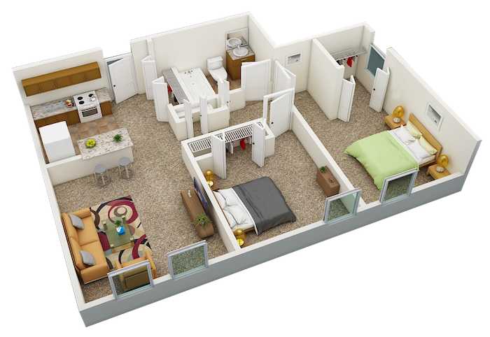 Floor plan for 2 beds, 1 bath, 760 sqft